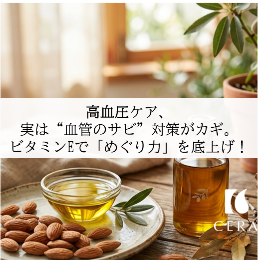 高血圧ケア、実は”血管のサビ”対策がカギ。ビタミンEで「めぐり力」を底上げ！／ビタミンEオイル「セラリキッド」・セラストア